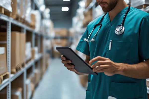 Warehouse worker wearing medical uniform uses tablet to track medical equipment inventory. Medical tech professionals manage warehouse, inventory with digital tools. Efficient logistic in healthcare